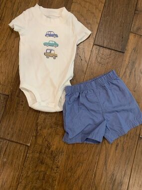 Carter's White Bodysuit with Blue, Teal & Tan Car Print and Blue Shorts